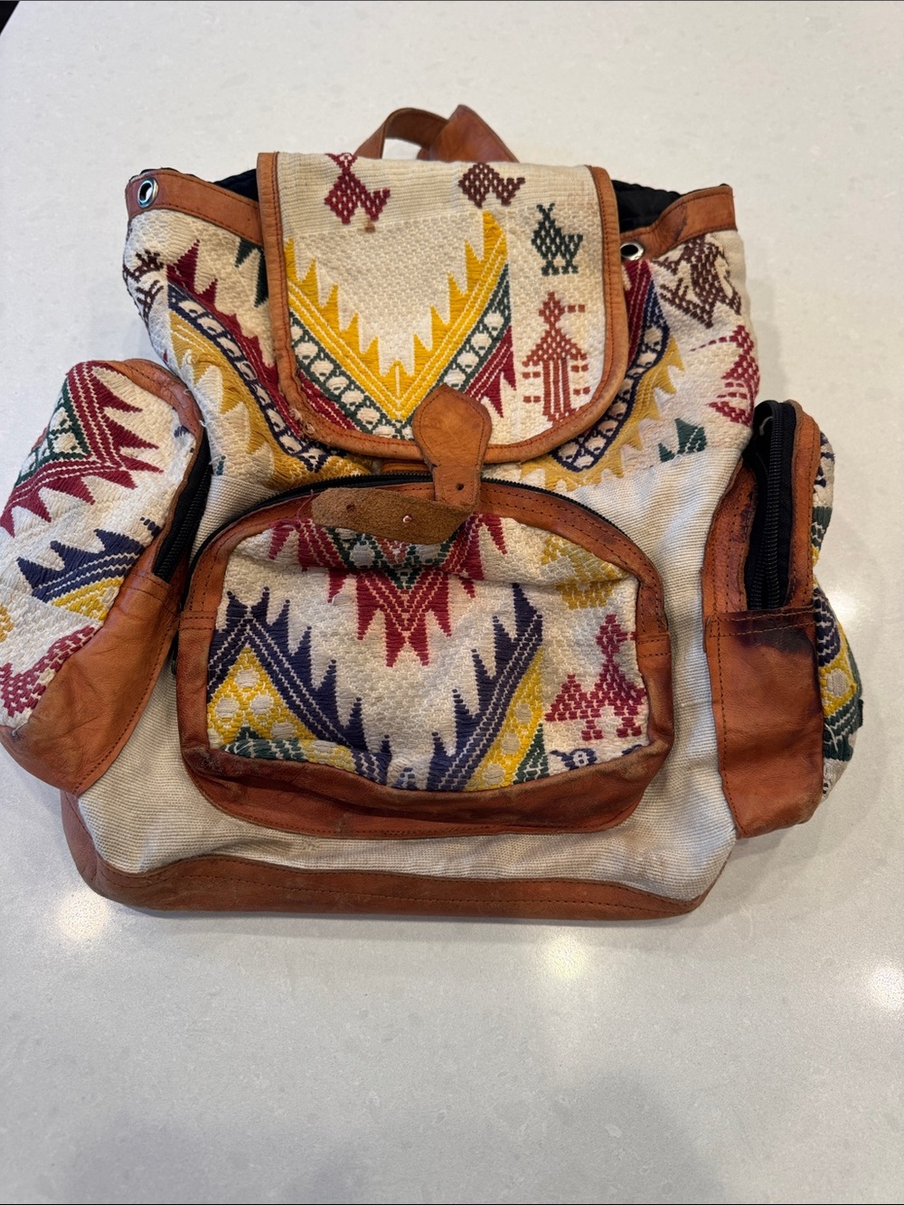 Woven Tribal Canvas Backpack with Brown Leather Trim - Multicolor worn but cool